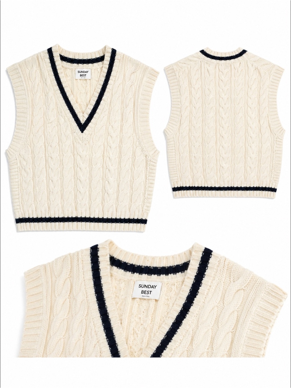 Sunday Best Cream Cable Knit V-Neck Sweater Vest with Navy Trim